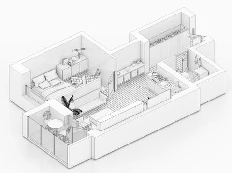 Line drawing floor plan on a white background, Mock up of furnished home apartme Stock Illustration