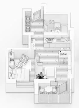Line drawing floor plan on a white background, Mock up of furnished home apartme Stock Illustration