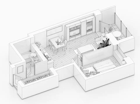 Line drawing floor plan on a white background, Mock up of furnished home apartme Stock Illustration