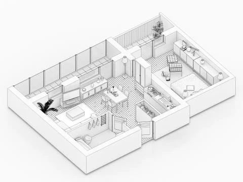 Line drawing floor plan on a white background, Mock up of furnished home apartme Stock Illustration