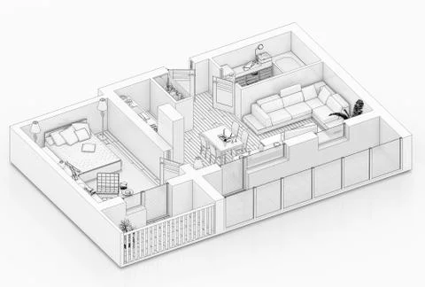 Line drawing floor plan on a white background, Mock up of furnished home apartme Stock Illustration