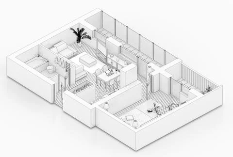 Line drawing floor plan on a white background, Mock up of furnished home apartme Stock Illustration