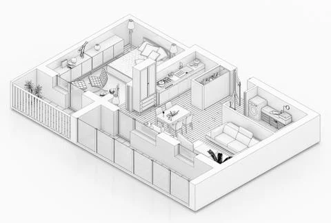 Line drawing floor plan on a white background, Mock up of furnished home apartme Stock Illustration