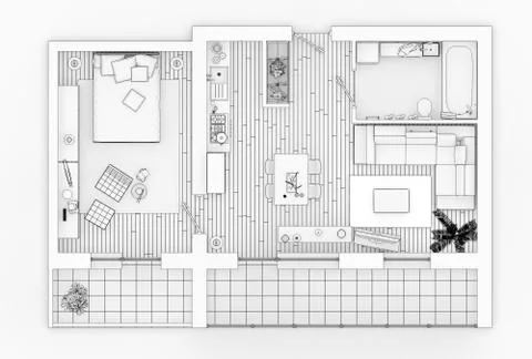 Line drawing floor plan on a white background, Mock up of furnished home apartme イラスト素材