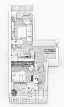 Line drawing floor plan on a white background, Mock up of furnished home apartme Stock Illustration