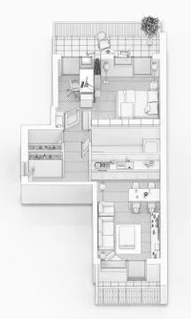 Line drawing floor plan on a white background, Mock up of furnished home apartme Stock Illustration