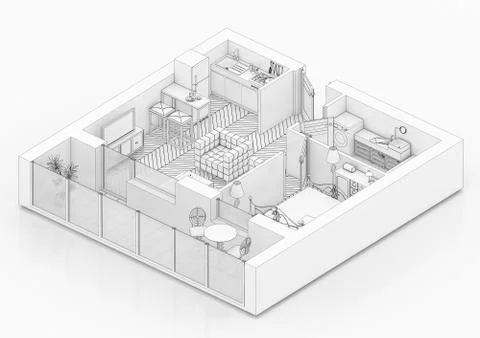 Line drawing floor plan on a white background, Mock up of furnished home apartme Stock Illustration