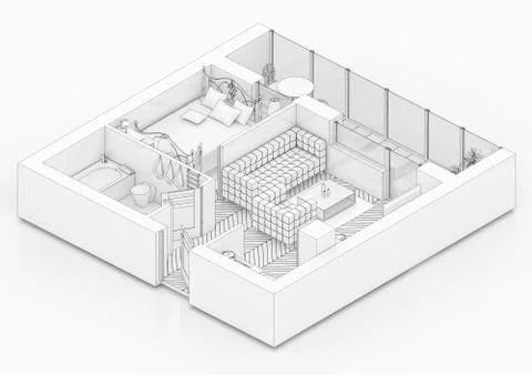 Line drawing floor plan on a white background, Mock up of furnished home apartme Stock Illustration