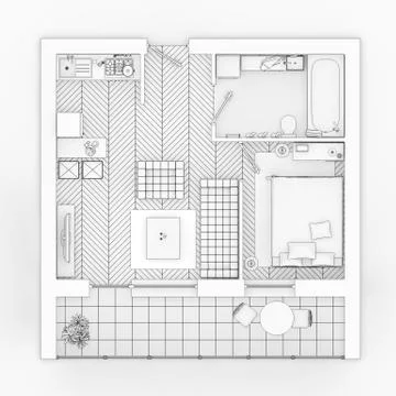 Line drawing floor plan on a white background, Mock up of furnished home apartme Stock Illustration