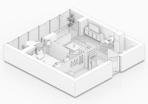 Line drawing floor plan on a white background, Mock up of furnished home apartme Stock Illustration