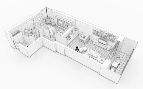 Line drawing floor plan on a white background, Mock up of furnished home apartme Stock Illustration