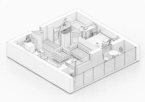Line drawing floor plan on a white background, Mock up of furnished home apartme Stock Illustration