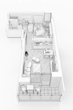 Line drawing floor plan on a white background, Mock up of furnished home apartme イラスト素材