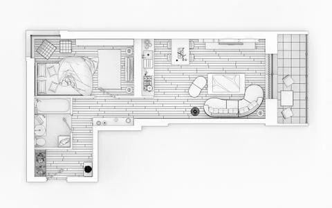 Line drawing floor plan on a white background, Mock up of furnished home apartme Stock Illustration