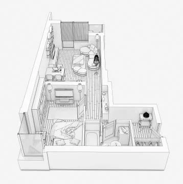 Line drawing floor plan on a white background, Mock up of furnished home apartme Stock Illustration