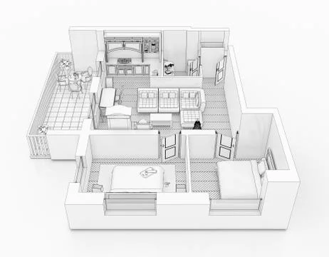 Line drawing floor plan on a white background, Mock up of furnished home apartme Stock Illustration