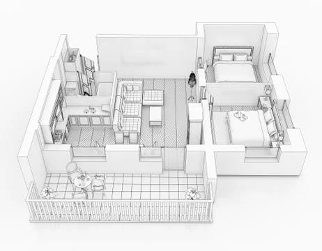 Line drawing floor plan on a white background, Mock up of furnished home apartme Stock Illustration