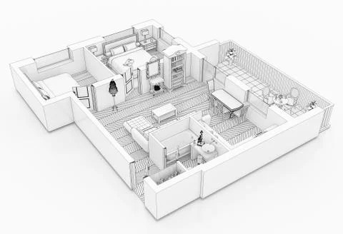Line drawing floor plan on a white background, Mock up of furnished home apartme Stock Illustration