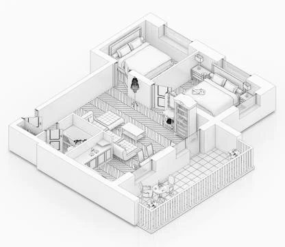 Line drawing floor plan on a white background, Mock up of furnished home apartme Stock Illustration
