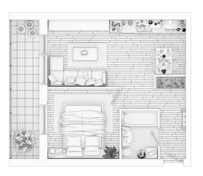 Line drawing floor plan on a white background, Mock up of furnished home apartme Stock Illustration