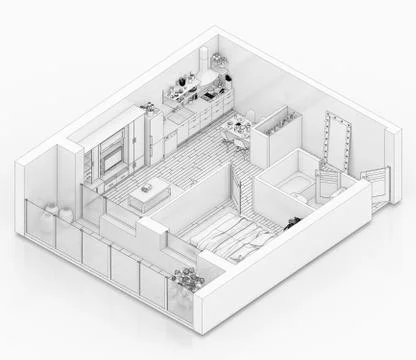 Line drawing floor plan on a white background, Mock up of furnished home apartme Stock Illustration