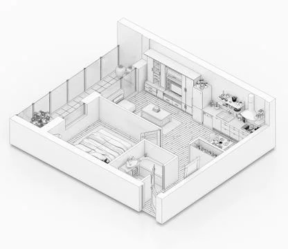 Line drawing floor plan on a white background, Mock up of furnished home apartme Stock Illustration