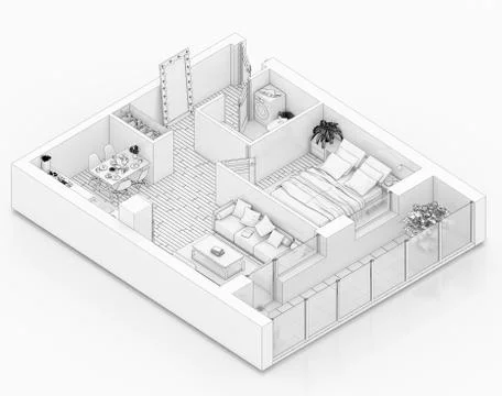Line drawing floor plan on a white background, Mock up of furnished home apartme イラスト素材