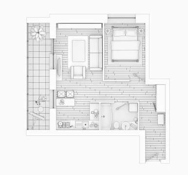 Line drawing floor plan on a white background, Mock up of furnished home apartme イラスト素材