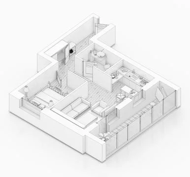 Line drawing floor plan on a white background, Mock up of furnished home apartme Stock Illustration