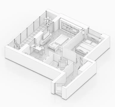 Line drawing floor plan on a white background, Mock up of furnished home apartme Stock Illustration