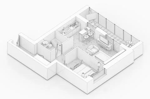 Line drawing floor plan on a white background, Mock up of furnished home apartme Stock Illustration