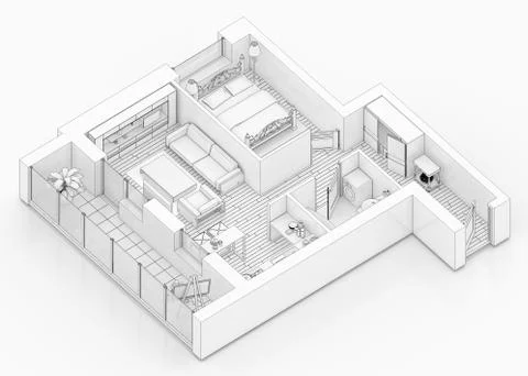 Line drawing floor plan on a white background, Mock up of furnished home apartme Stock Illustration