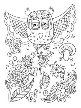 Line drawing of forest elements - owl, flowers, mushrooms, berri Illustrazione stock
