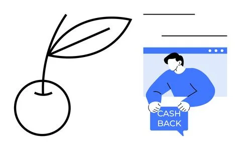 Line drawing of a fruit with leaves next to a person in a web browser window  Stock Illustration