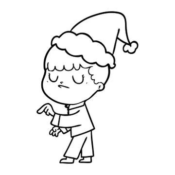 Line drawing of a grumpy boy wearing santa hat Illustrazione stock