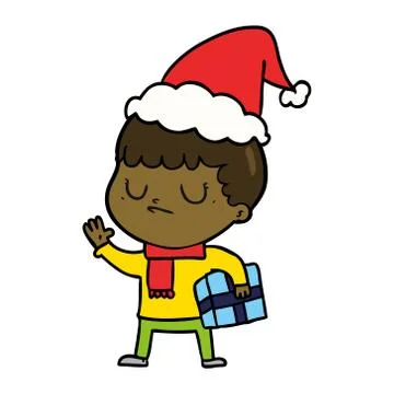 Line drawing of a grumpy boy wearing santa hat Stock Illustration