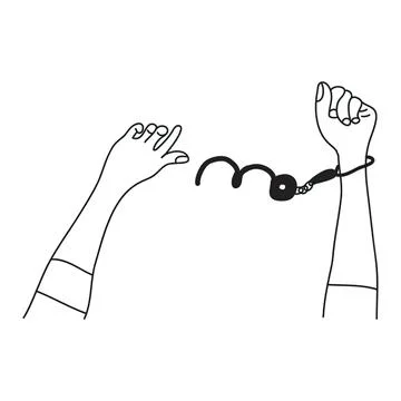Line drawing of hands holding a mobile phone with a string Stock Illustration