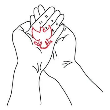 Line drawing of hands holding a small red bird tattoo Stock Illustration