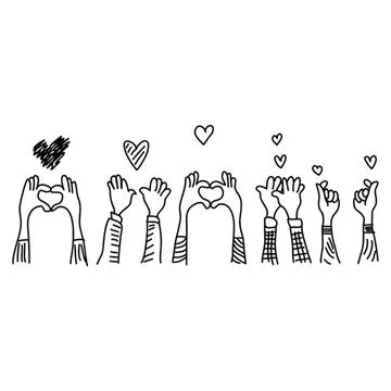 Line drawing of hands making heart shapes with floating hearts Stock-Illustration