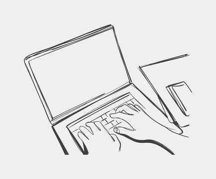 Line Drawing of Hands Typing on Laptop Keyboard Stock Illustration