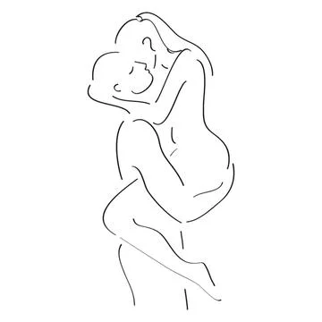 Line drawing of a happy couple hugging and smiling Ilustração Stock