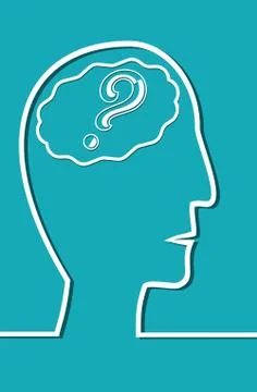 Line drawing of human head with brain. In brain question mark. Useful as symb Stock Illustration