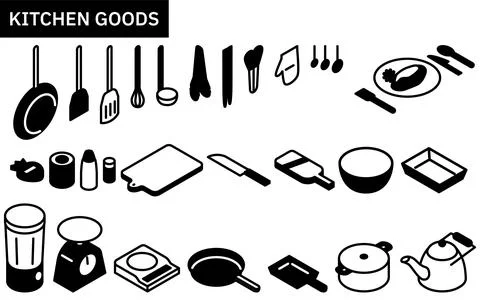Line drawing illustration of kitchen utensils, simple isometric Stock Illustration