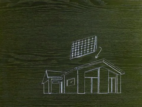 A line drawing image on grained wood. a green building project, a house with  Ilustración de archivo