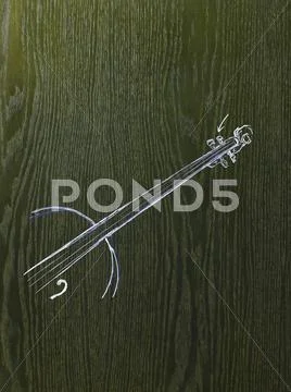 A line drawing image on a natural wood grain background. the neck and strings Stock Illustration