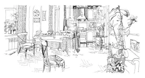 Line drawing of a kitchen Stock Illustration