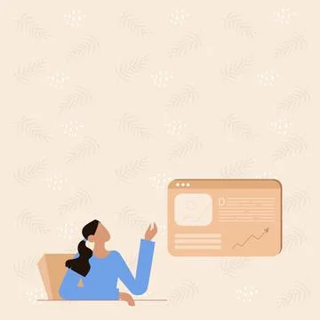 Line Drawing For Lady Sitting Presenting New Ideas With Web Browser Screen Stock Illustration