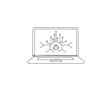Line drawing of a laptop displaying a stylized bug design on its screen. Ilustración de archivo