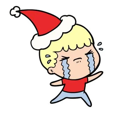Line drawing of a man crying wearing santa hat Illustrazione stock