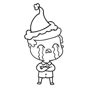 Line drawing of a man crying wearing santa hat Illustrazione stock